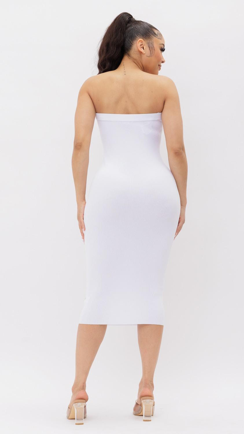 WHITE TUBE KNIT MIDI DRESS