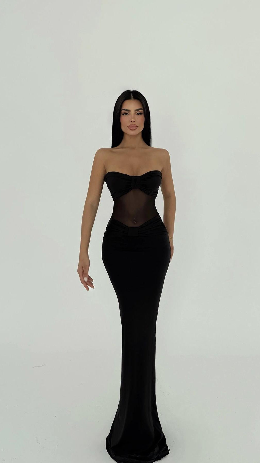 BLACK STRAPLESS MAXI DRESS WITH MESH DETAIL