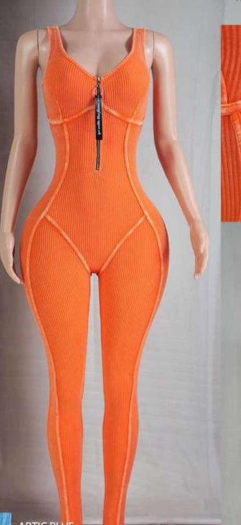 Ribbed Knit Jumpsuit with Front Zipper