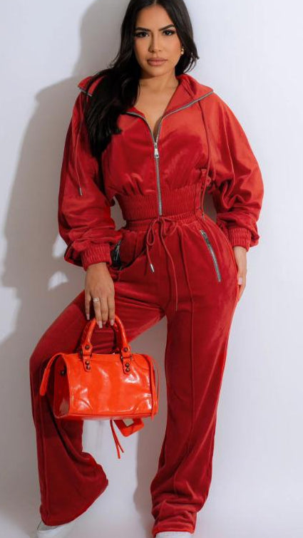 Rust Velour Cropped Tracksuit