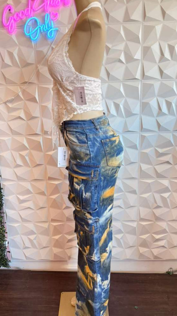 "Cloud Burst" Marbled Indigo Cargos