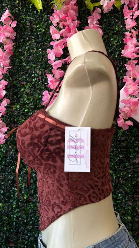 Vintage-Style Burgundy Velvet Animal Print Bustier