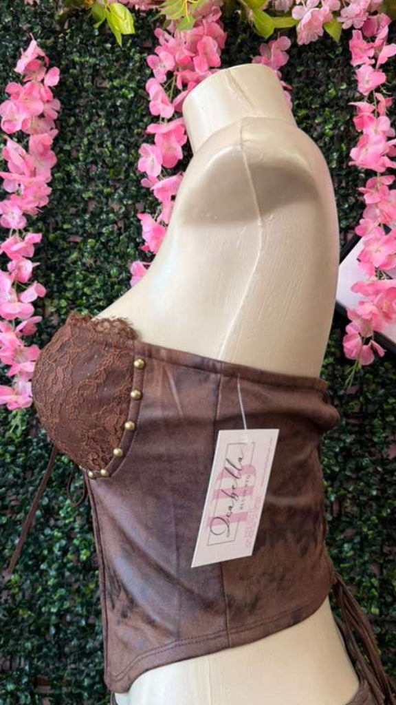 Espresso Lace & Studded Faux-Suede Corset