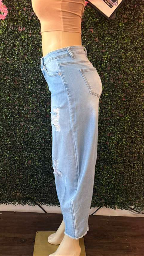 Shredded Light-Wash Barrel Leg Jeans