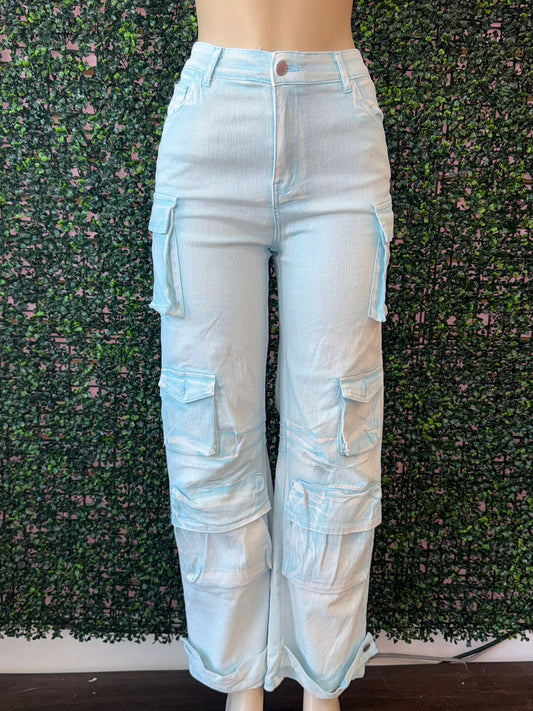 LIGHT BLUE DENIM CARGO PANTS