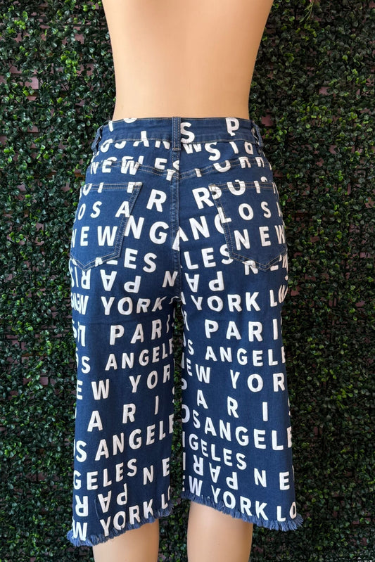 PRINTED DENIM BERMUDA SHORTS