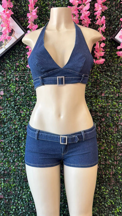 DENIM TWO-PIECE SET WITH RHINESTONE BUCKLES