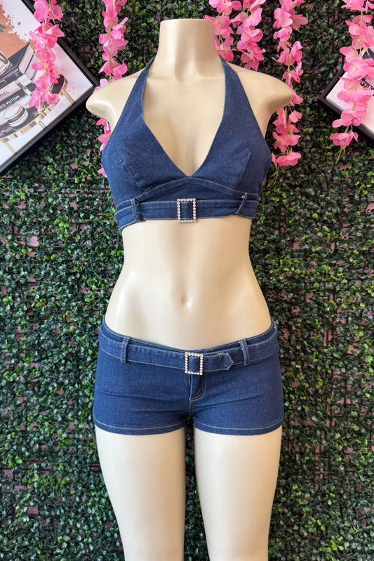 DENIM TWO-PIECE SET WITH RHINESTONE BUCKLES