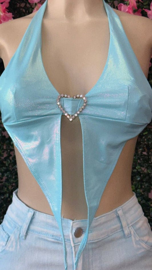 BRIGHT SKY BLUE HALTER CROP TOP WITH RHINESTONE HEARTS