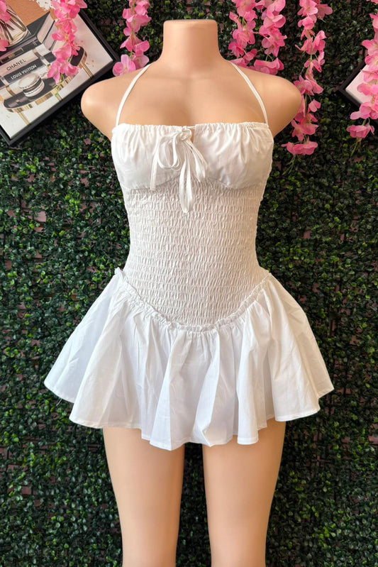 HALTER MINI DRESS WITH BUILT-IN SHORTS AND RIBBED DESIGN