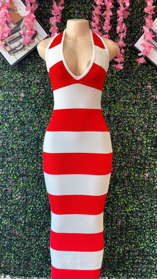 RED & WHITE STRIPED HALTER MAXI DRESS