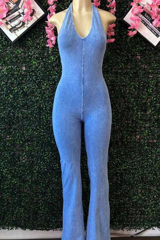 HALTER FLARE JUMPSUIT WITH OPEN BACK AND RUCHED DETAIL