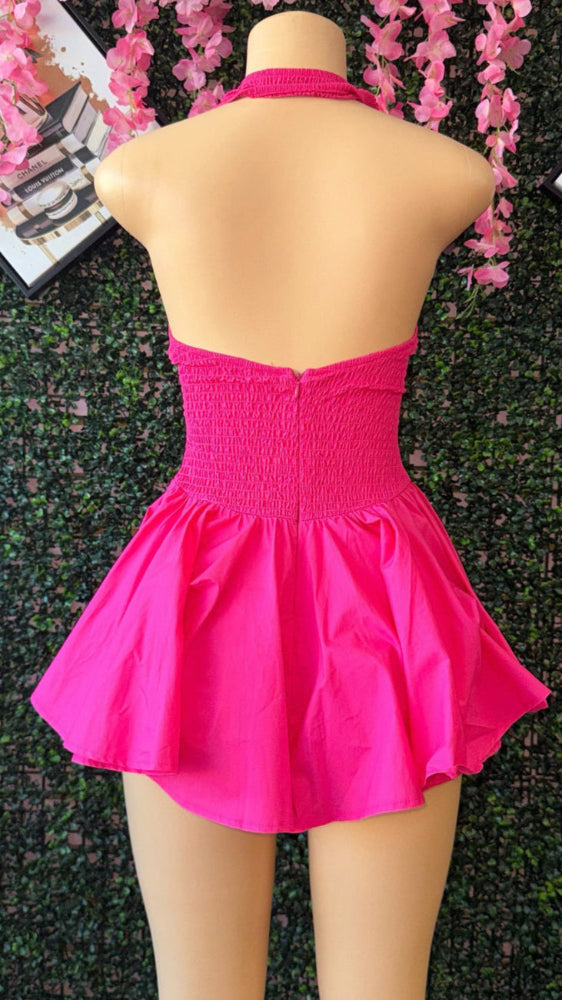 HOT PINK HALTER MINI DRESS