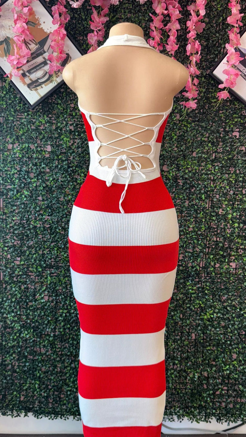 RED & WHITE STRIPED HALTER MAXI DRESS