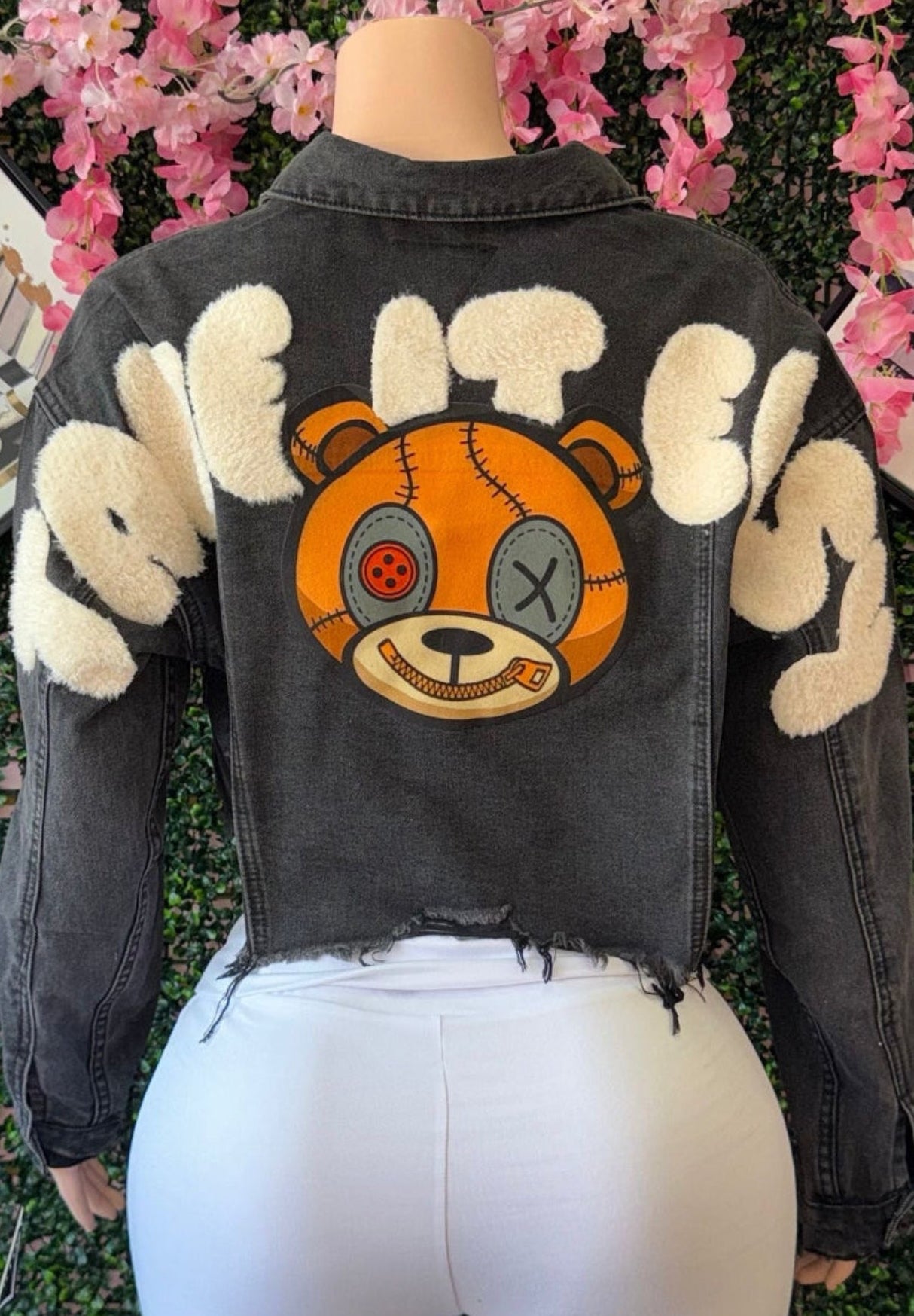 “TAKE IT EASY” TEDDY BEAR CROP DENIM JACKET