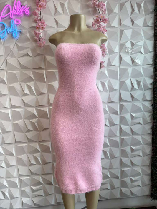 Pink Fuzzy Knit Tube Dress