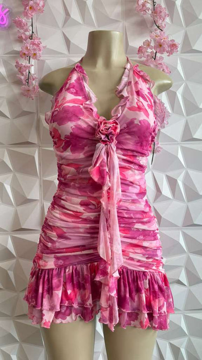 Floral Ruffle Halter Mini Dress