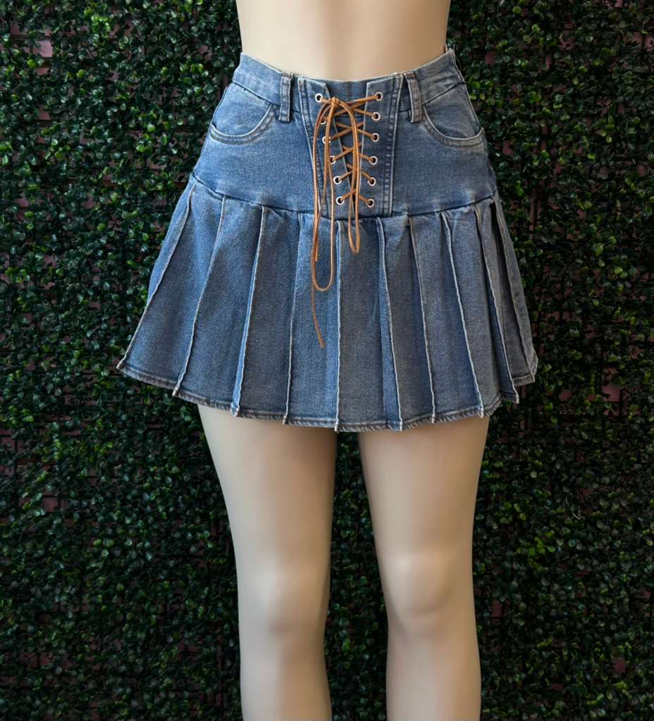 Lace-Up Denim Pleated Mini