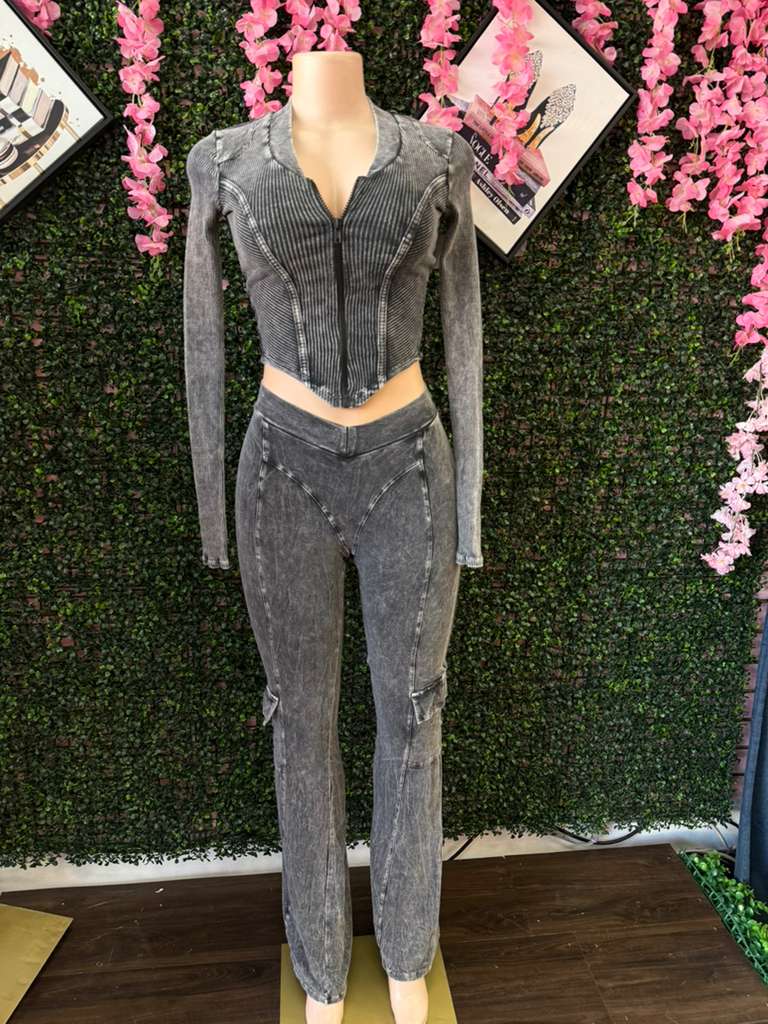 Acid Wash Ribbed Zip-Front Set