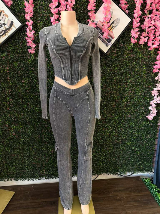 Acid Wash Ribbed Zip-Front Set