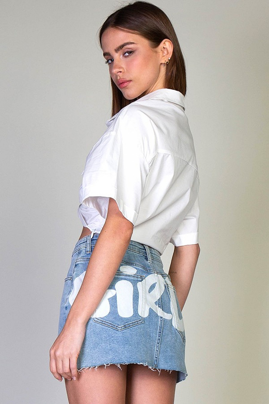 BAD GIRLS PRINTED RAW EDGE DENIM SKIRT