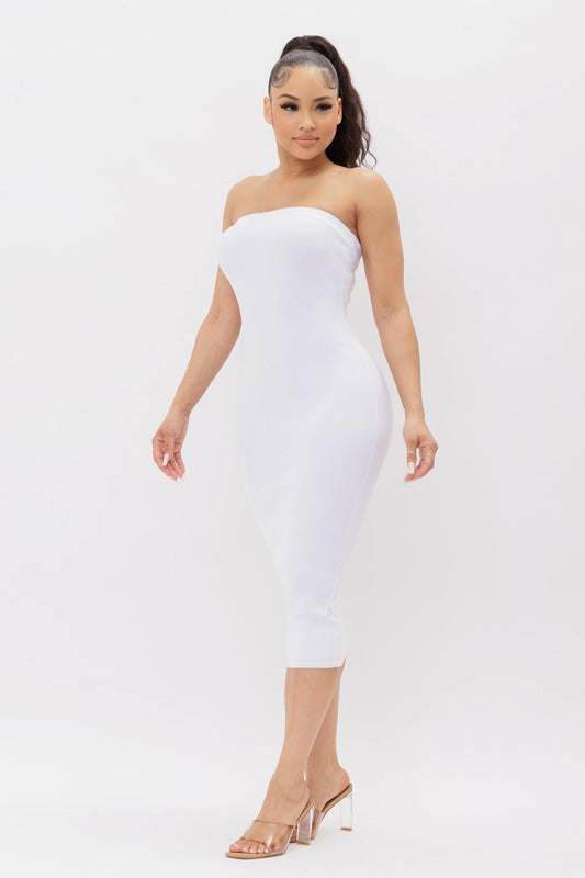 WHITE TUBE KNIT MIDI DRESS