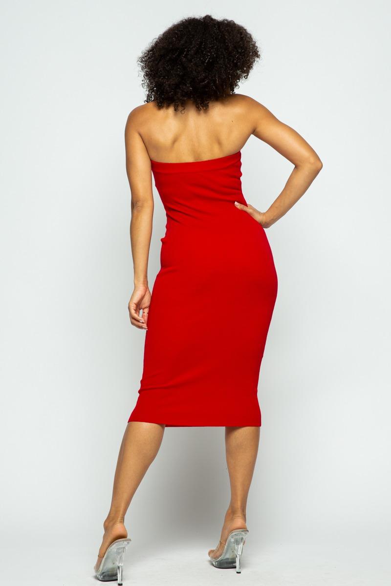 RED TUBE KNIT MIDI DRESS