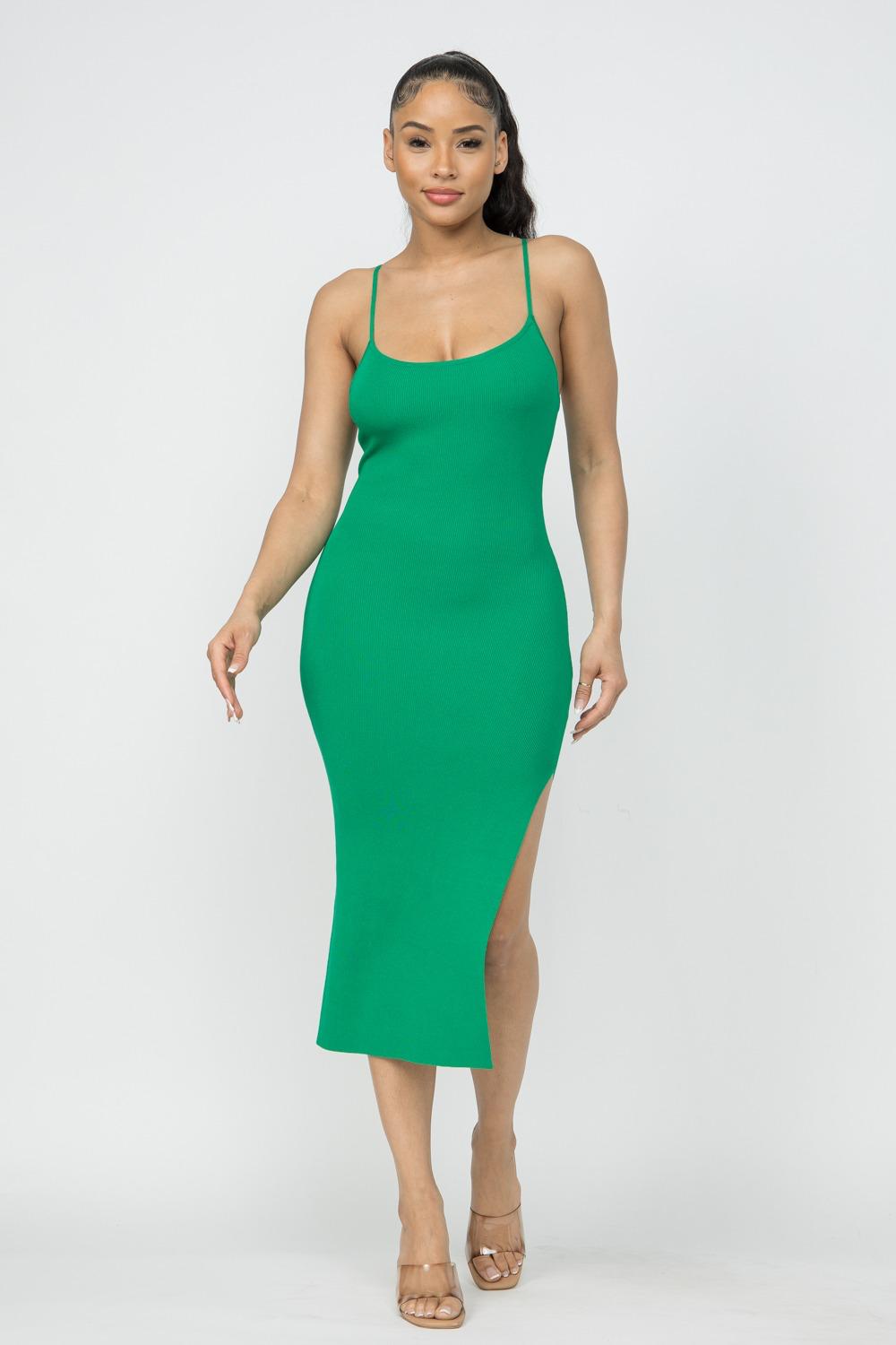 GREEN SPAGHETTI STRAP MIDI DRESS