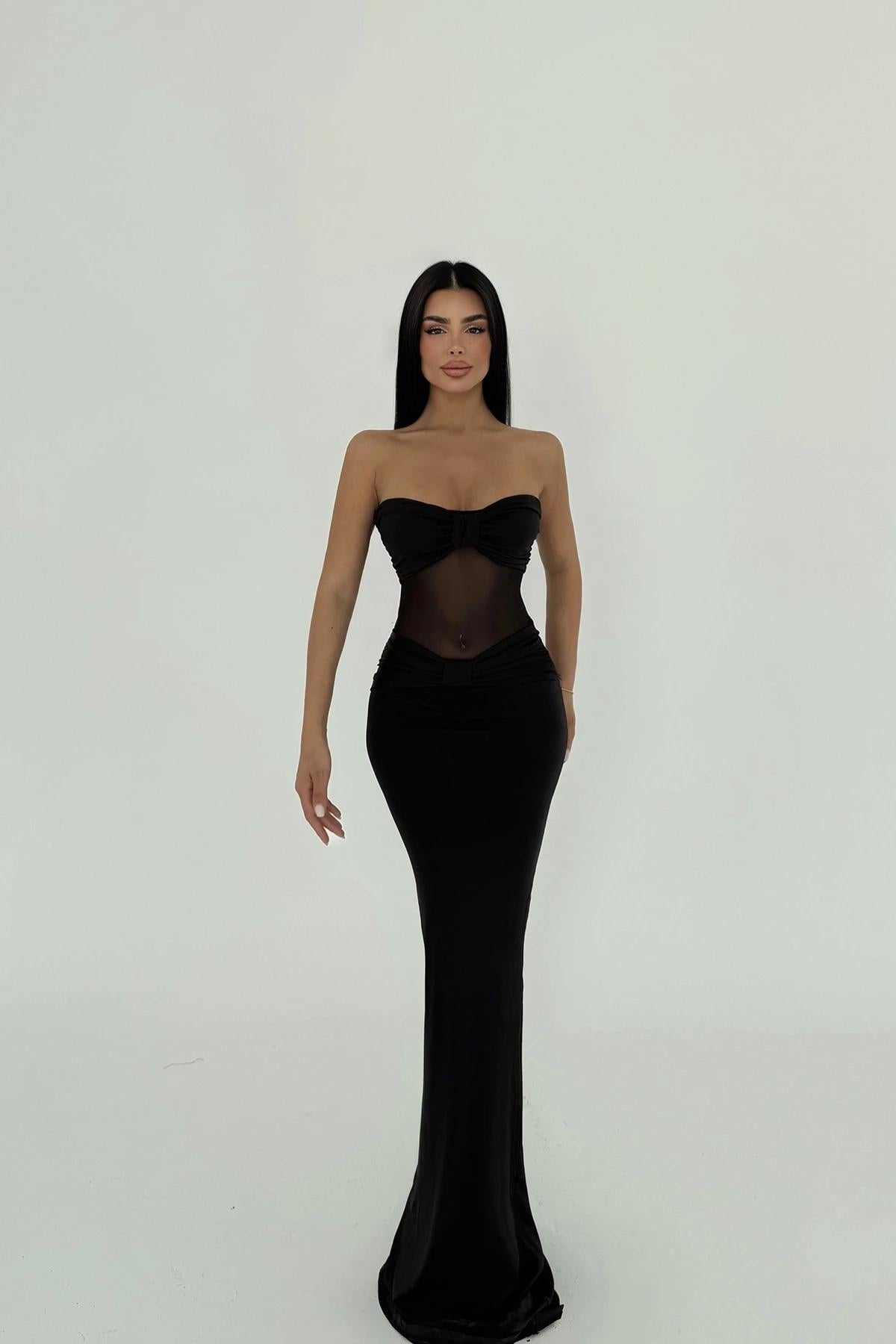 BLACK STRAPLESS MAXI DRESS WITH MESH DETAIL