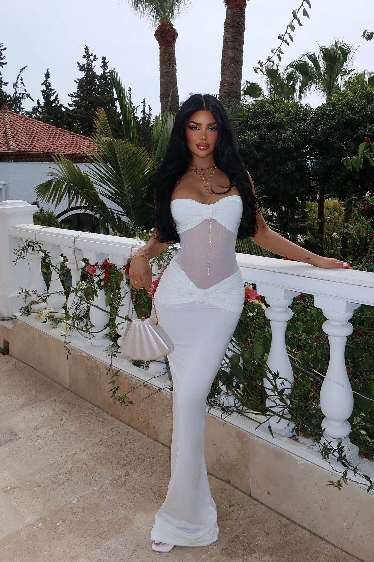 BLACK STRAPLESS MAXI DRESS WITH MESH DETAIL