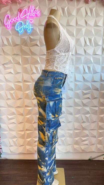 "Cloud Burst" Marbled Indigo Cargos
