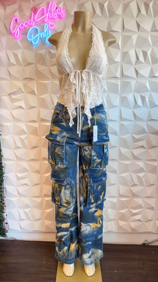 "Cloud Burst" Marbled Indigo Cargos