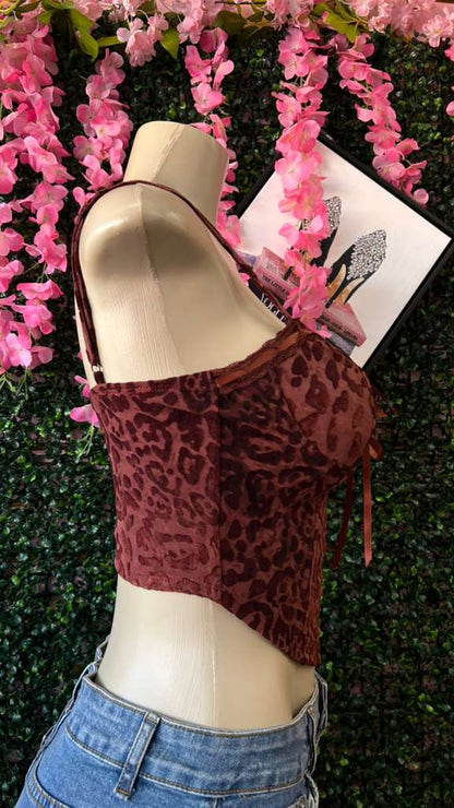 Vintage-Style Burgundy Velvet Animal Print Bustier