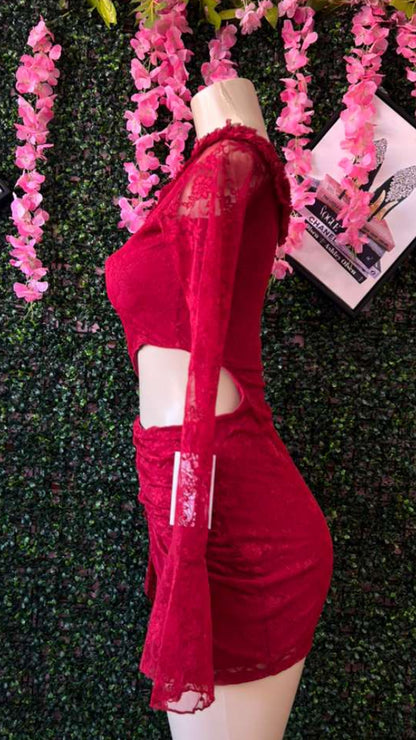 Cherry Red Romantic Goth Bell-Sleeve Dress