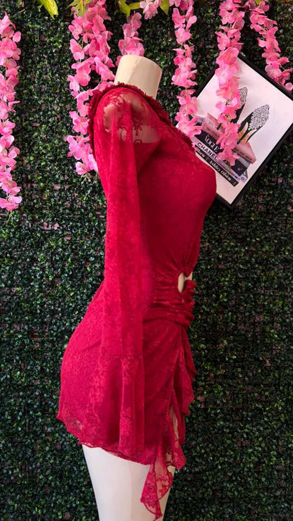 Cherry Red Romantic Goth Bell-Sleeve Dress