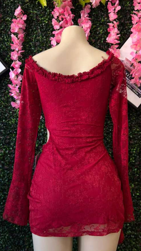 Cherry Red Romantic Goth Bell-Sleeve Dress