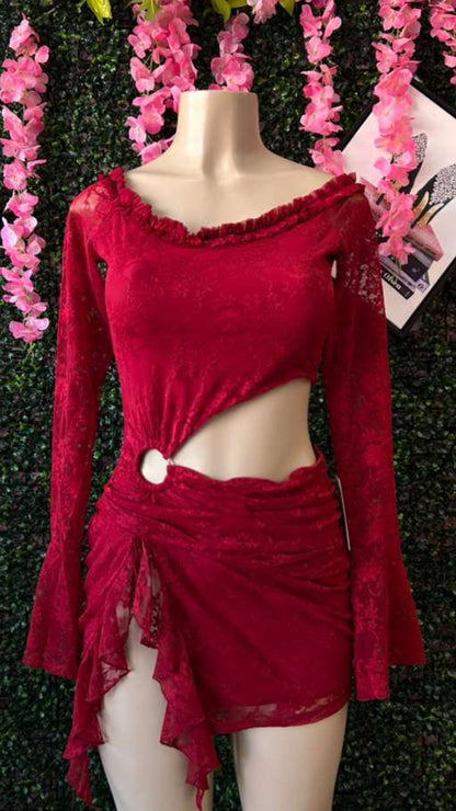 Cherry Red Romantic Goth Bell-Sleeve Dress