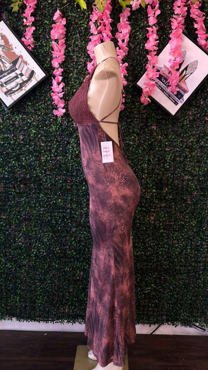 Midnight Plum Lace-Trim Mesh Maxi Dress