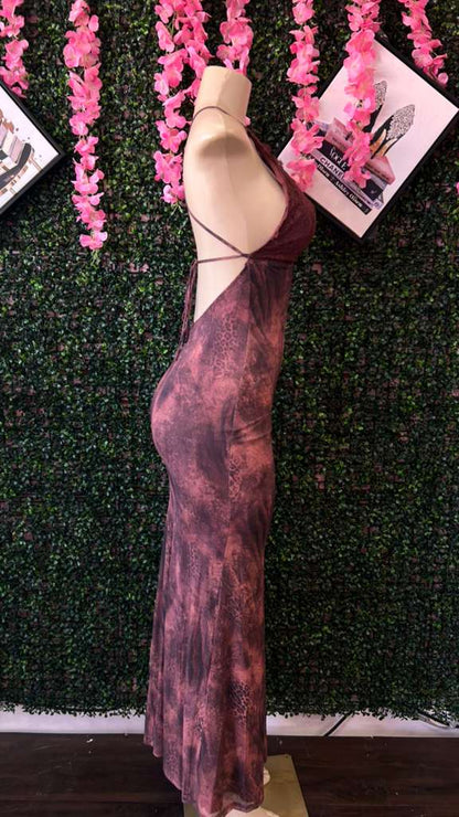 Midnight Plum Lace-Trim Mesh Maxi Dress