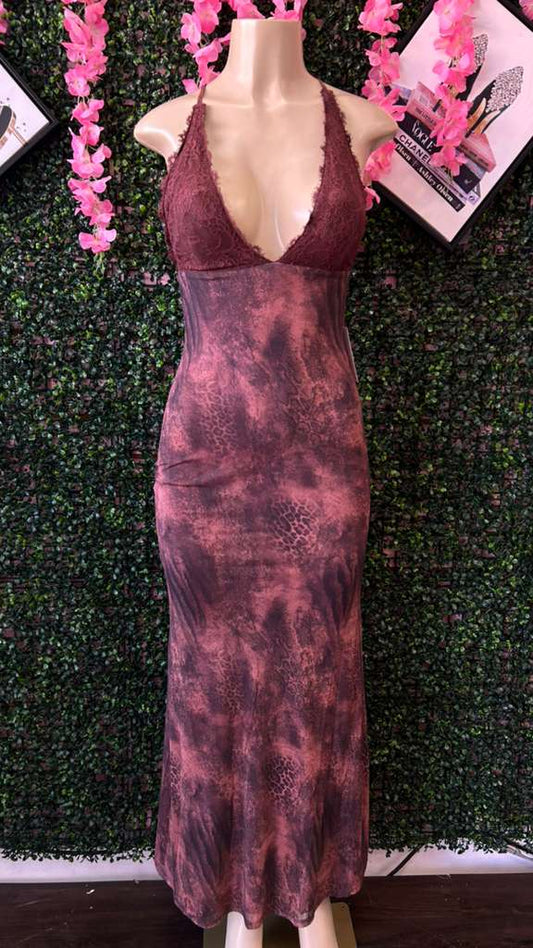 Midnight Plum Lace-Trim Mesh Maxi Dress