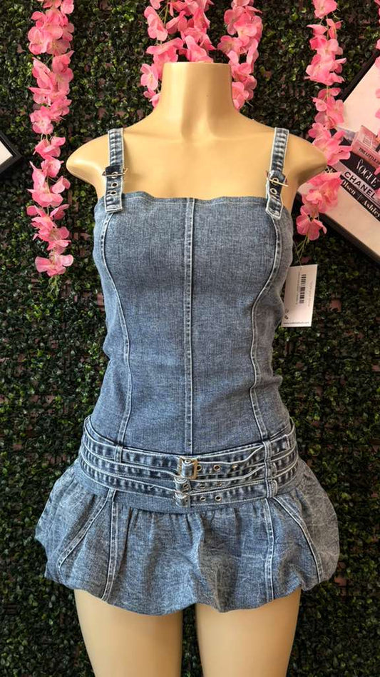 Vintage-Style Triple Belted Denim Mini Dress