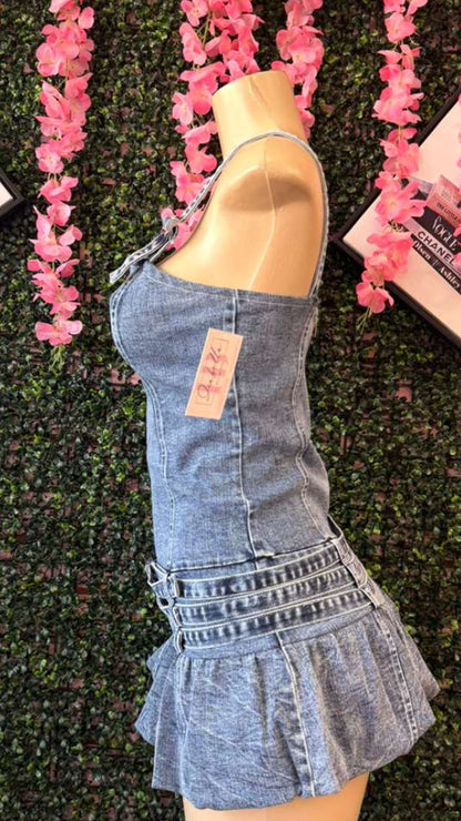 Vintage-Style Triple Belted Denim Mini Dress