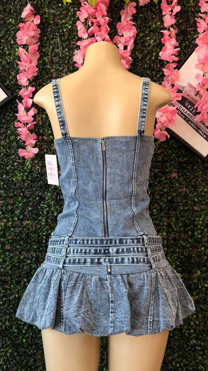Vintage-Style Triple Belted Denim Mini Dress