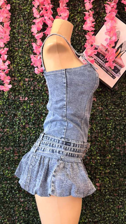 Vintage-Style Triple Belted Denim Mini Dress