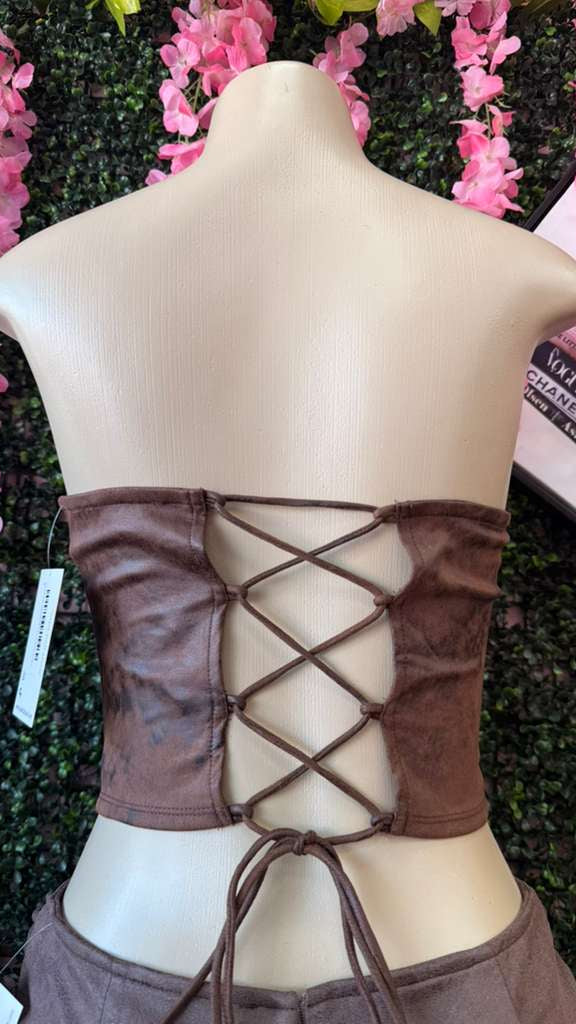 Espresso Lace & Studded Faux-Suede Corset