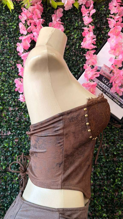 Espresso Lace & Studded Faux-Suede Corset