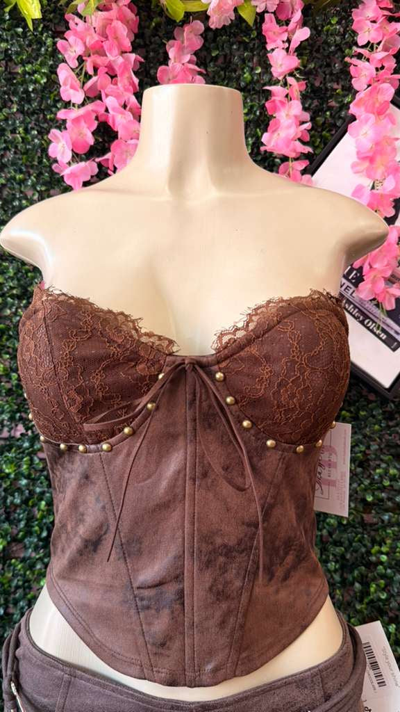 Espresso Lace & Studded Faux-Suede Corset