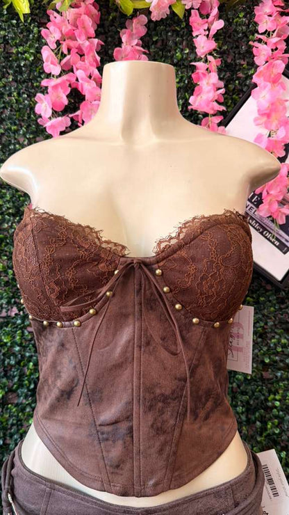 Espresso Lace & Studded Faux-Suede Corset