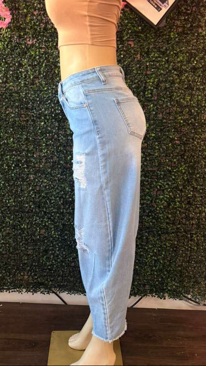 Shredded Light-Wash Barrel Leg Jeans