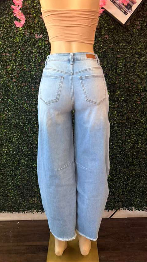 Shredded Light-Wash Barrel Leg Jeans